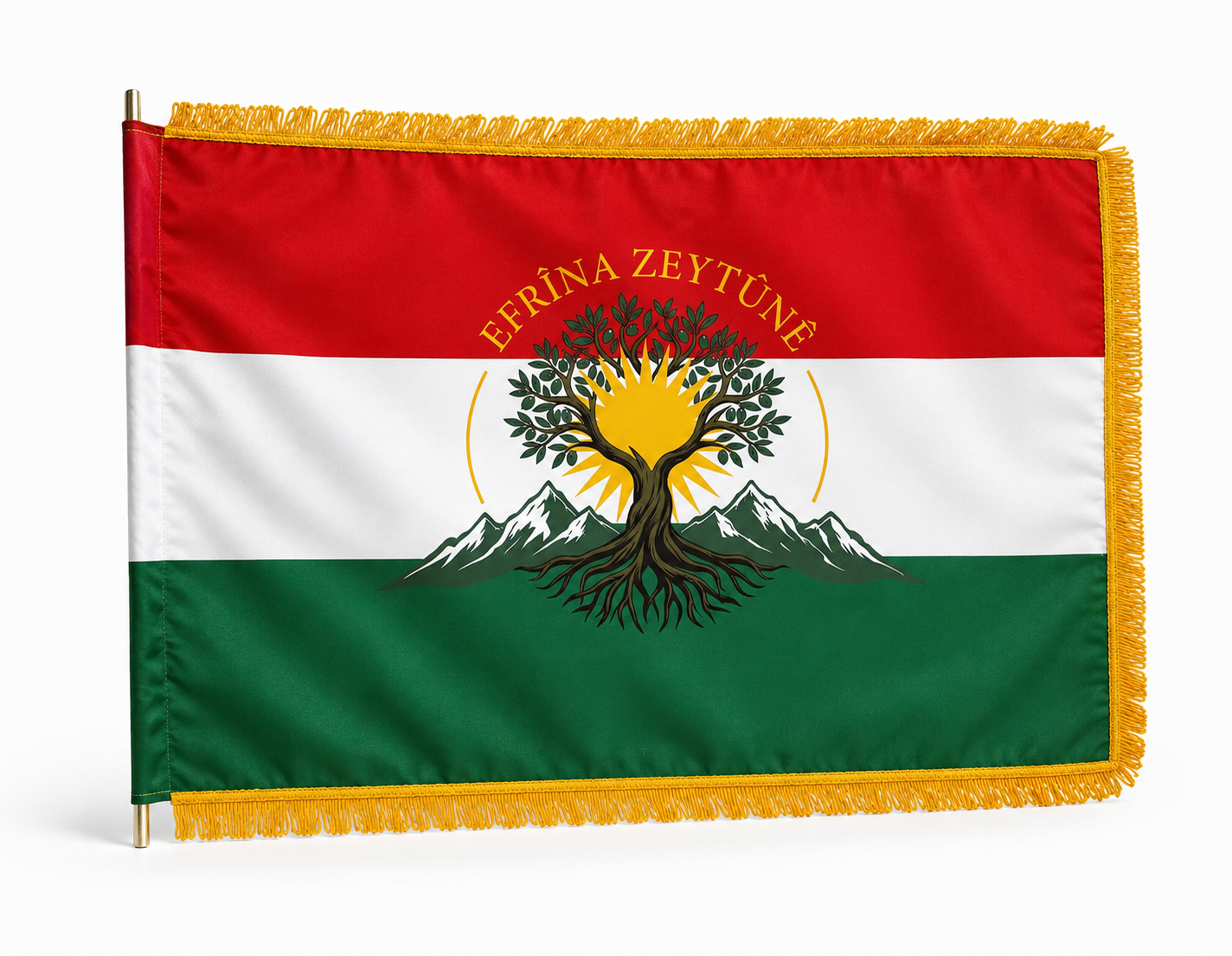 Kurdistan Flagge mit Fransen - Efrîna ZEYTÛNÊ Design 150x90